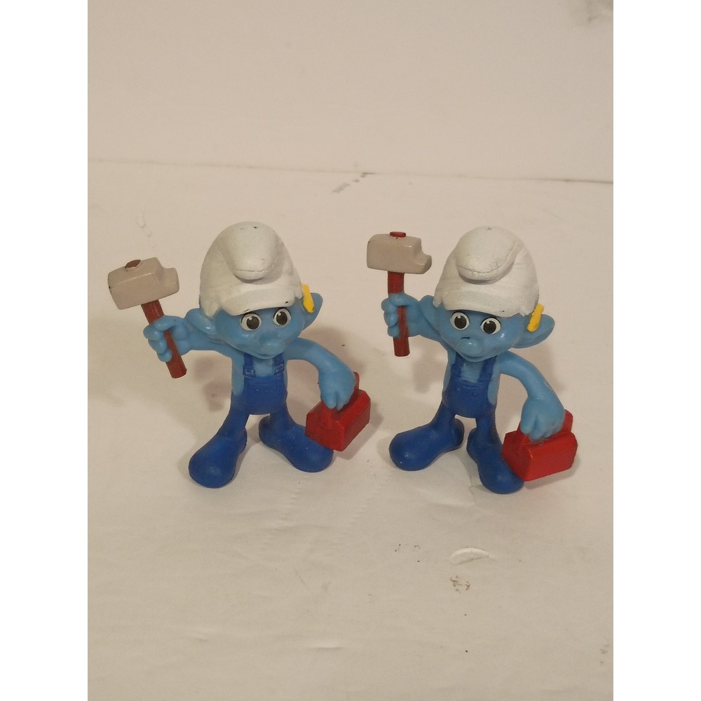 2013 McDonald's Handy Smurf PVC Figures Set of 2 Blue Overalls Hammer Toolbox